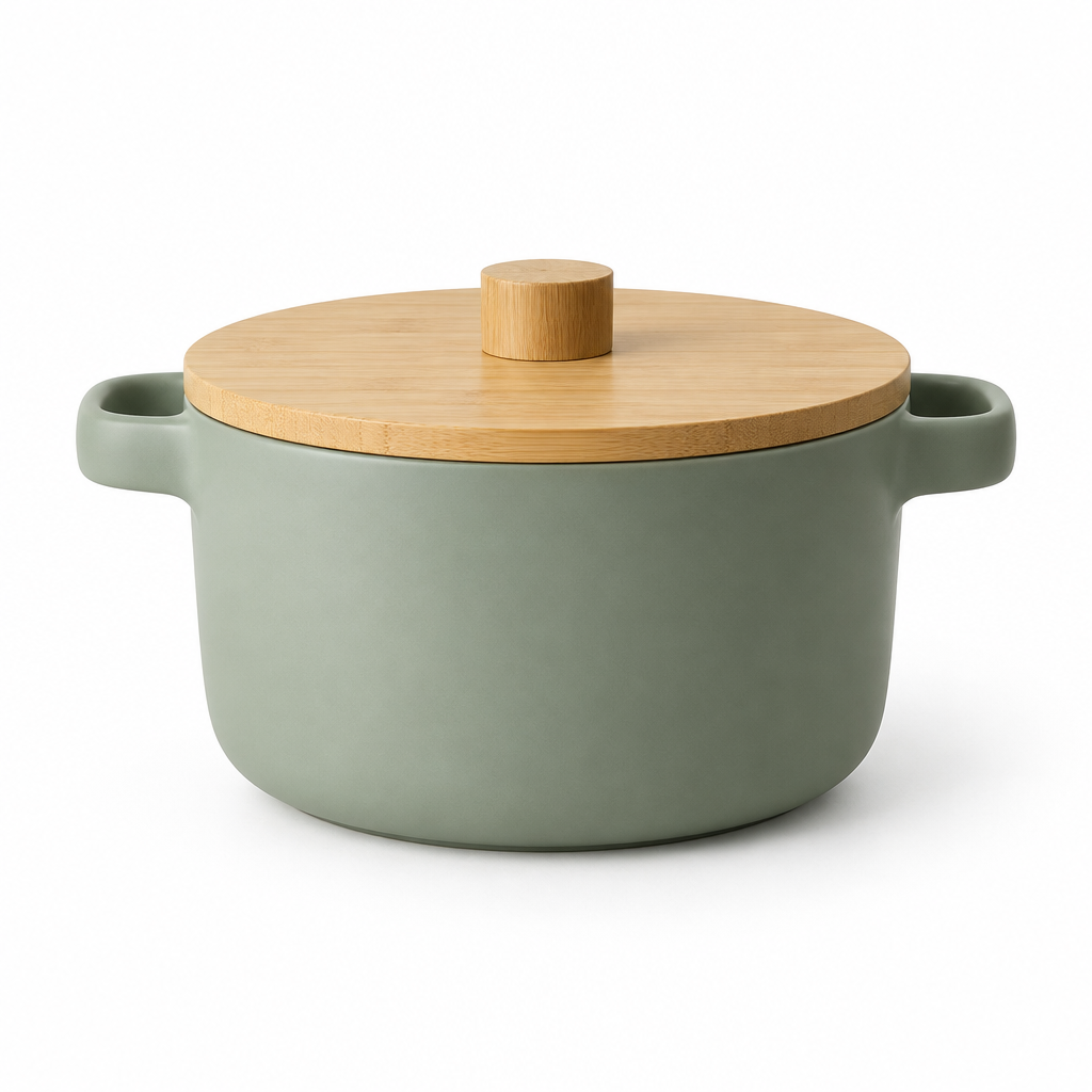 Panela Cerâmica Minimalista Verde Sage com tampa de bambu