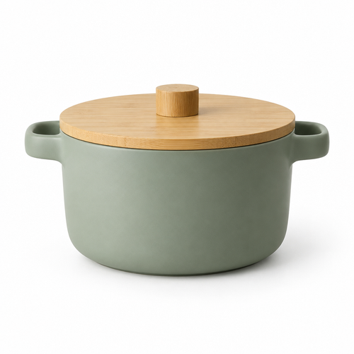Panela Cerâmica Minimalista Verde Sage com tampa de bambu